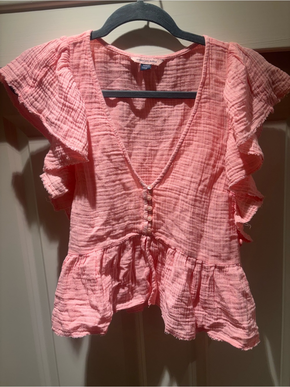 American Eagle Outfitters Coral Pink Gauze Peplum Top with Ruffle Sleeves